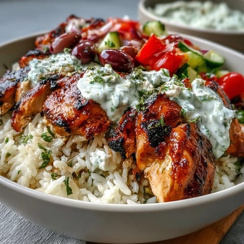 Juicy Greek Chicken Bowl with herbed rice, a vibrant tomato-cucumber salad, and creamy tzatziki sauce.