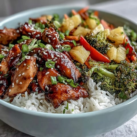 Tender glazed chicken and colorful stir-fry vegetables in a teriyaki chicken and rice bowl ready to serve.