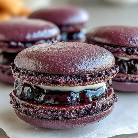 Delicate purple Black Currant Macarons with crisp shells and a tangy ganache filling, ready to serve on a platter.