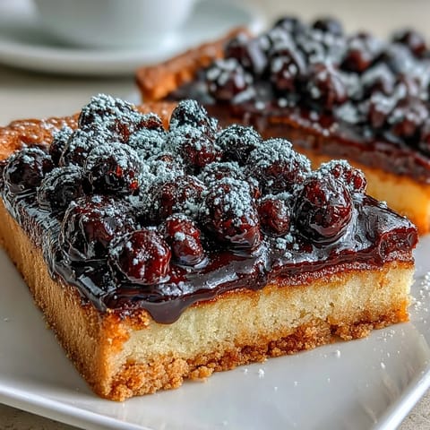 Fresh black currants and mint garnish a slice of the tart, served on a rustic plate with a fork.