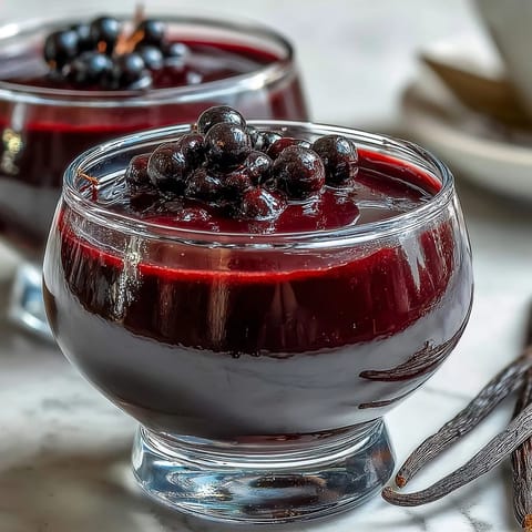 Freshly set Black Currant Panna Cotta in a glass dish, garnished with vibrant whole berries and a spoon.