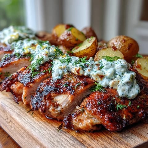 Juicy marinated chicken thighs topped with tangy dill feta cream, served with crispy roasted baby potatoes for dinner.