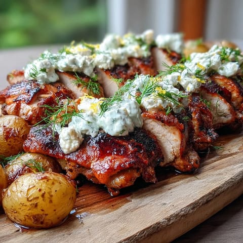 Sizzling grilled Spicy Yogurt Marinated Chicken with Dill Feta Cream & Crispy Baby Potatoes on a plate.