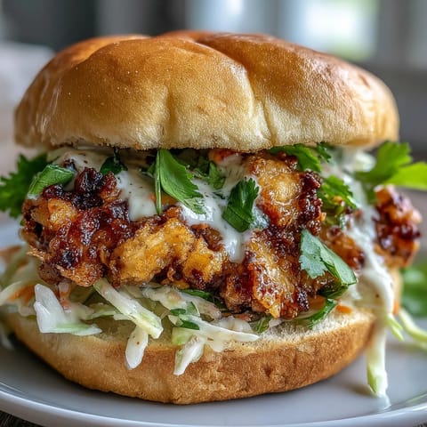 Golden-brown Thai Fried Chicken Sandwich stacked with pickled carrots and fresh cilantro on a brioche bun.