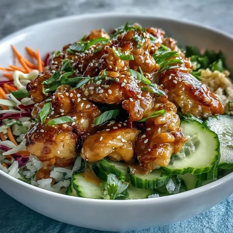 A colorful, easy weeknight Bang Bang Chicken Bowl topped with sesame seeds and fresh cilantro, ready to serve in under 45 minutes.