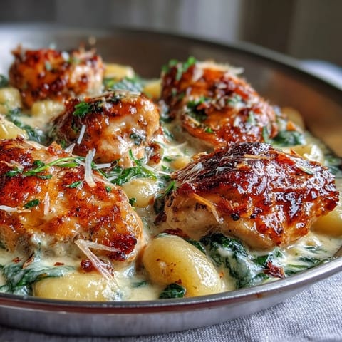Golden-brown chicken thighs and pillowy gnocchi simmering in a creamy garlic Parmesan sauce with fresh spinach in a skillet.