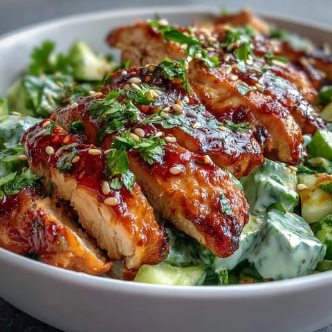Sliced seared chicken and creamy Asian cucumber salad layered in a bowl, topped with vibrant chili crisp and sesame seeds.