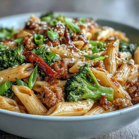 Topped with sliced green onions and sesame seeds, this Sweet & Spicy Turkey Broccoli Pasta is served steaming hot.