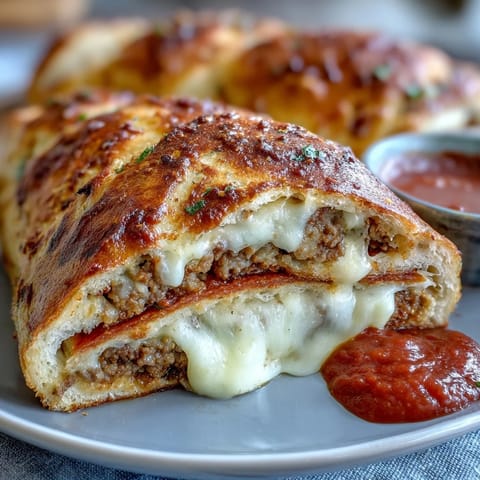 Golden-brown Baked High-Protein Pepperoni Stromboli, sliced to reveal layers of mozzarella, spicy pepperoni, and seasoned beef.