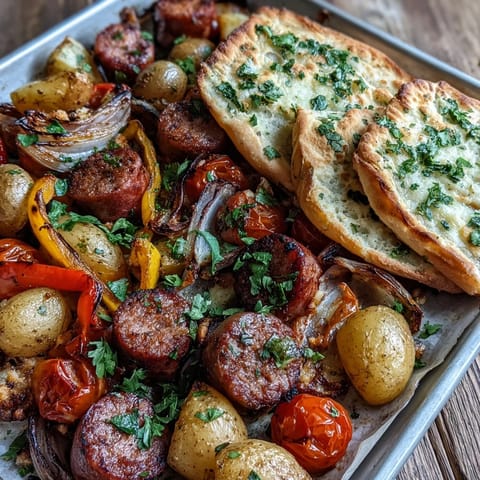 Roasted Smoky Sheet Pan Sausage & Veggies with Naan next to a crisp green salad on a rustic wooden table. 