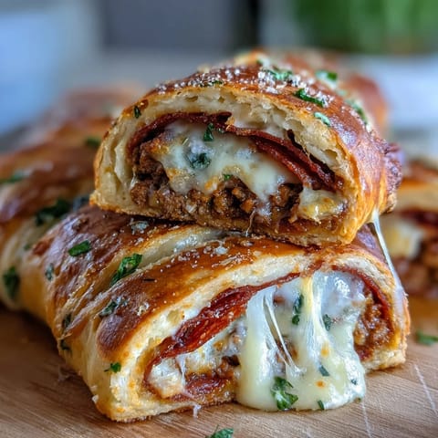 Golden brown, sliced Baked High-Protein Pepperoni Stromboli reveals layers of pepperoni, beef, and gooey mozzarella on a plate.