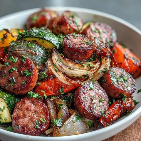 Colorful vegetables and savory smoked sausage roasted until caramelized, served alongside a fluffy piece of garlic naan ready for dunking into the juices.