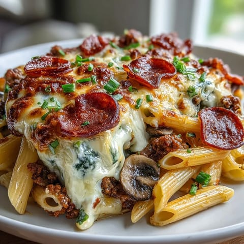 A serving of cheesy High-Protein Pizza Pasta Bake with extra pepperoni and fresh basil garnish on a dinner plate.