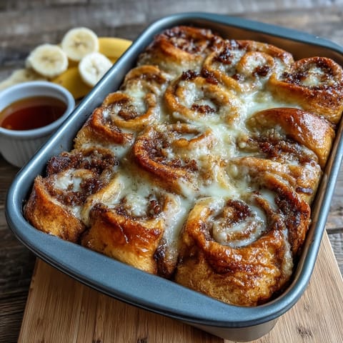 Cream Cheese Swirl Cinnamon Roll French Toast Bake with golden edges, a marbled cheesecake interior, and ripe banana aroma in a cozy slice.