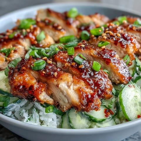 Sliced seared chicken sits atop creamy cucumber salad in a TikTok Chili-Crisp Cucumber Chicken Bowl, garnished with cilantro and green onions.