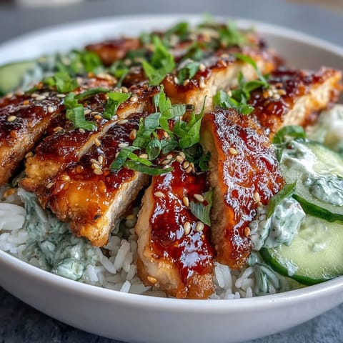 The TikTok Chili-Crisp Cucumber Chicken Bowl showcases golden chicken slices on fluffy rice, drizzled with glossy chili crisp oil.