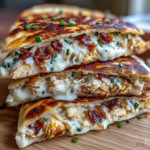 Golden-brown Ranch Crack Chicken Stuffed Naan wedges showcasing melted cheddar and bacon bits.