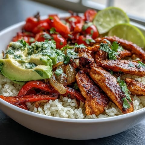 Skinny Chicken Fajita Meal Prep Bowls with Cilantro-Lime Rice in glass containers with avocado slices and cherry tomatoes.