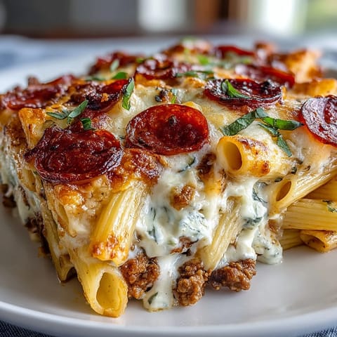Golden, bubbling High-Protein Pizza Pasta Bake fresh from the oven, topped with crispy pepperoni slices and melted mozzarella.