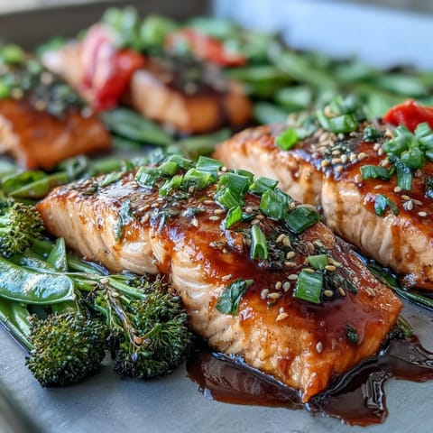 Golden-brown glazed salmon fillets roast alongside bright green broccoli and crisp snap peas, drizzled with homemade teriyaki sauce on a sheet pan.