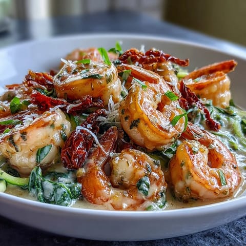 Low-carb, gluten-free Italian-inspired dinner with succulent shrimp and garlicky cream sauce over tender zucchini noodles.  