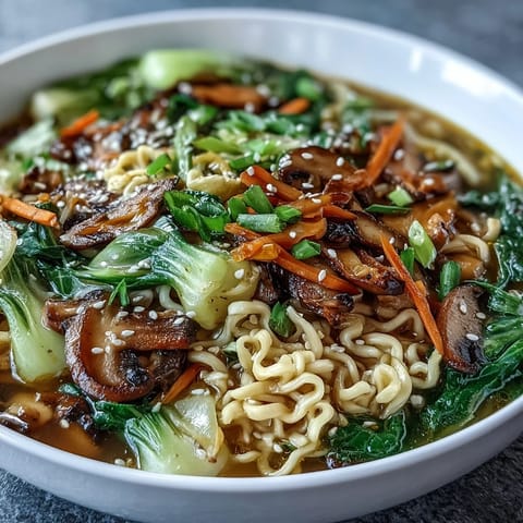Creamy vegan coconut curry ramen with tender bok choy and mushrooms in a fragrant, spiced broth.  