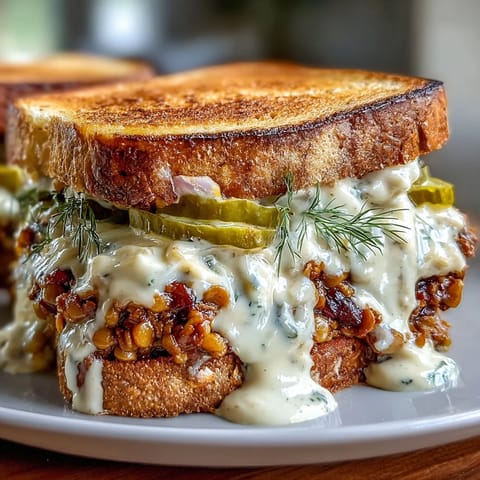 Rich lentil sloppy joe mixture piled high on crisp sourdough, topped with melty vegan cheese and fresh pickles.