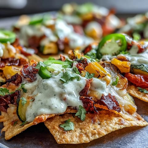Vibrant sheet pan nachos loaded with roasted peppers, zucchini, and corn, topped with tangy salsa verde and creamy cashew queso.