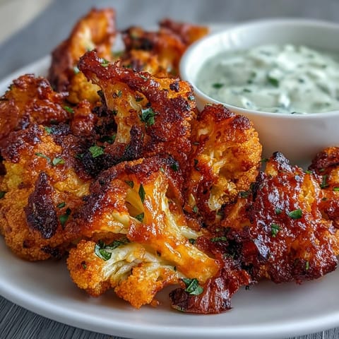 Keto Buffalo Cauliflower Wings with Ranch Yogurt Dip - Crispy roasted cauliflower tossed in spicy buffalo sauce, served with a cool, creamy ranch yogurt dip for a low-carb vegetarian appetizer.
