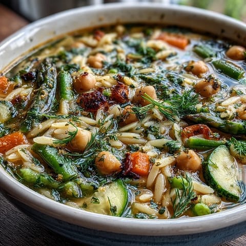 Creamy one-pot lemon herb orzo with chickpeas and colorful spring vegetables, garnished with fresh parsley and dill.  