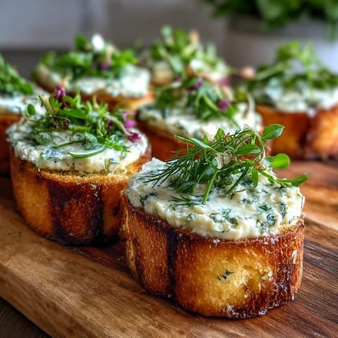 A platter of crispy baguette slices spread with herbed cream cheese and fresh greens.  
