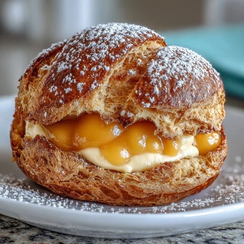 1. Golden choux pastry puffs filled with silky mango pastry cream, dusted with powdered sugar for a tropical French dessert.