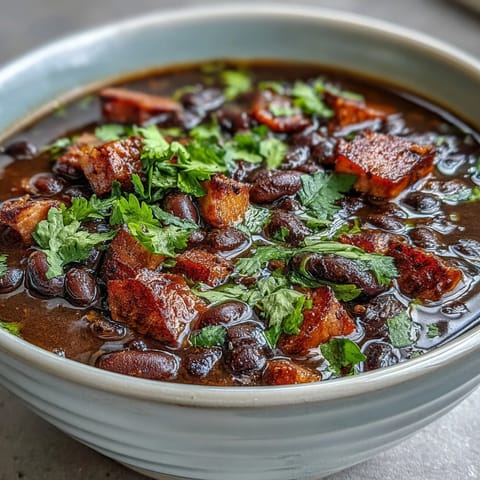 Hearty ham and black bean soup with lime and cilantro, garnished with fresh herbs and served steaming hot in a rustic bowl.