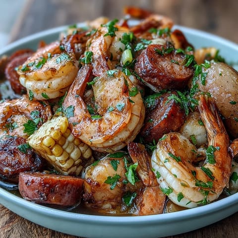 Cajun shrimp and sausage boil with onions, corn, and potatoes, seasoned with bold spices and served on a newspaper-lined table.