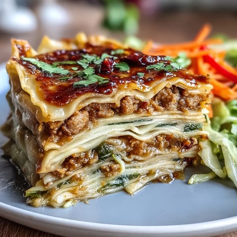 Asian Dumpling Lasagna with Soy Ginger Sauce: golden layers of dumpling wrappers, savory meat, and cheese baked to perfection.