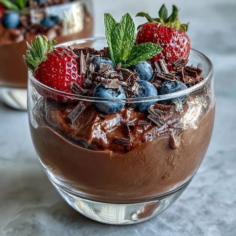 Silky smooth cottage cheese chocolate mousse blended with cocoa and topped with a colorful mix of fresh strawberries, blueberries, and raspberries.  