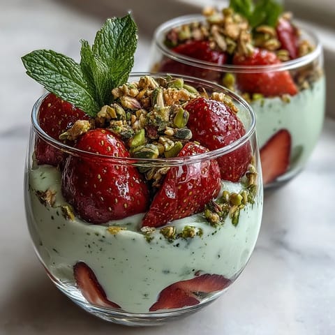 Layered strawberry pistachio parfait featuring tangy fruit, vanilla yogurt, and nutty crunch—perfect for a quick, colorful breakfast.