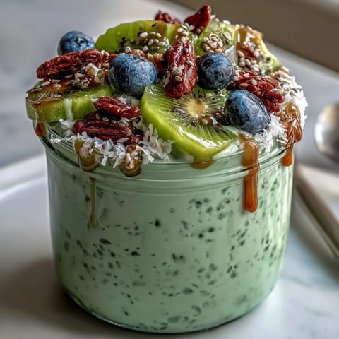 Creamy matcha overnight oats with coconut and chia seeds in a jar, topped with fresh kiwi slices and shredded coconut.  