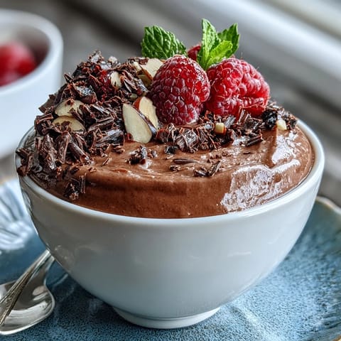 High-protein chocolate mousse cups with creamy cottage cheese base, sweetened with maple syrup and layered in elegant serving dishes.  