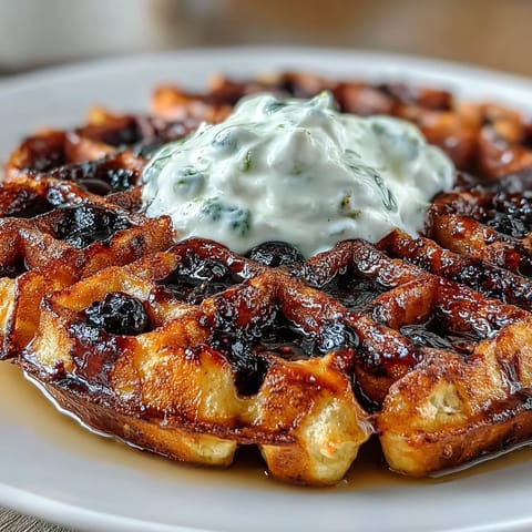 Golden waffles bursting with fresh blueberries and bright lemon, topped with tangy maple-infused Greek yogurt for a brunch favorite.