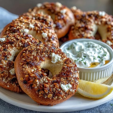 Wholesome honey-sweetened protein bagels made with whole wheat, paired with fluffy lemon-vanilla yogurt dip.  