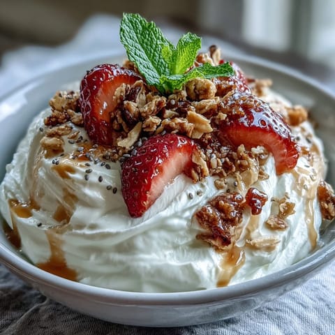 Fluffy yogurt breakfast bowl with strawberries and granola crunch, topped with fresh mint and chia seeds for a nutritious morning treat.  