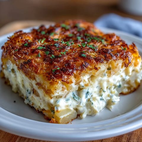 Cozy funeral potatoes casserole with golden hashbrown topping, bubbling with cheesy goodness and creamy potatoes.
