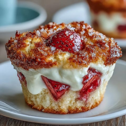 Golden muffins filled with fresh strawberries and creamy cheesecake filling, baked until tender and moist.  