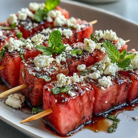 Fresh watermelon, feta, and mint skewers drizzled with olive oil, a colorful summer appetizer perfect for parties.