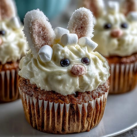 2. Moist spiced carrot cake cupcakes topped with fluffy cream cheese frosting, featuring bunny ears and pink candy noses for Easter celebrations.  