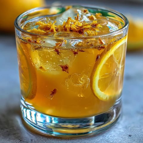 Homemade limoncello with fresh lemons in a glass bottle, golden citrus liqueur glowing in natural light, garnished with lemon slices and fresh herbs.