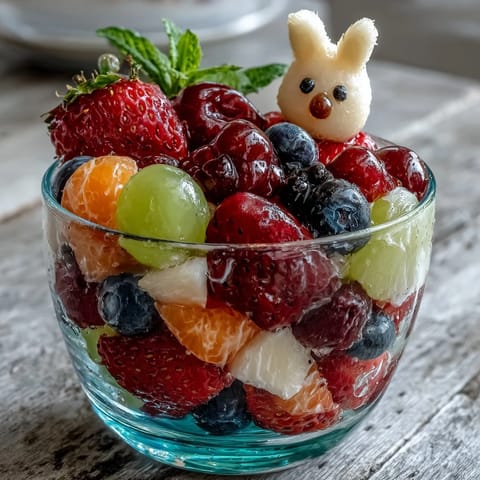 Bunny Fruit Cups: Adorable bunny-shaped fruit cups filled with fresh strawberries, grapes, blueberries, and pineapple, perfect for Easter.