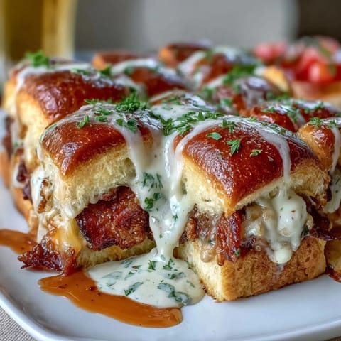 Kentucky Derby Hot Brown Sliders on Brioche Buns with roasted turkey, crispy bacon, and creamy Mornay sauce melted over golden toasted buns.