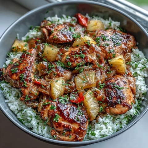 A colorful pineapple chicken and rice skillet with bell peppers, showcasing juicy chicken and vibrant vegetables in a sweet-savory sauce.